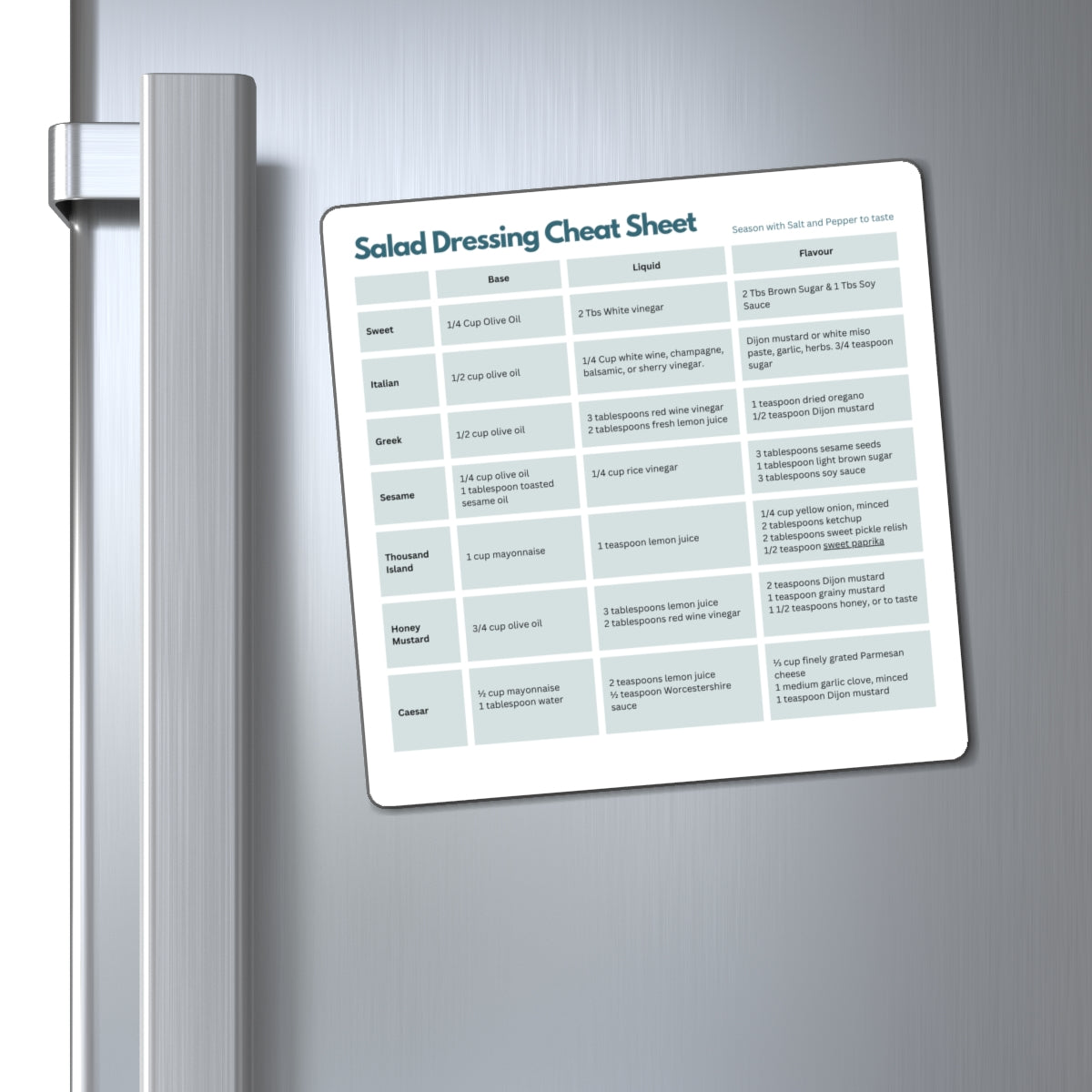 Salad Dressing Cheat Sheet Magnet, ADHD Kitchen Helper, Fridge Magnet, Neurodivergent Gift, Recipe Cheat Sheet
